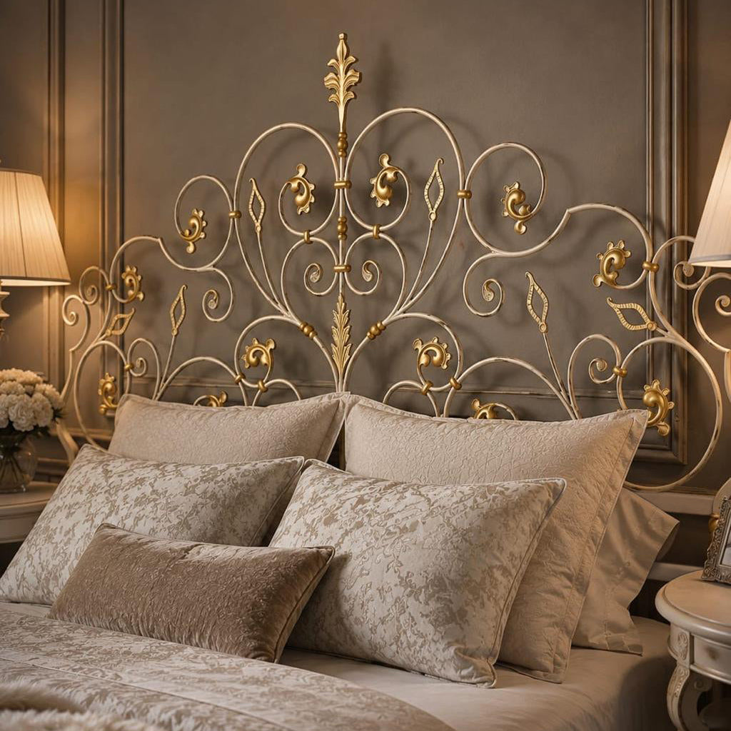 An ornate gold and cream metal scrollwork headboard on a bed styled with beige and taupe pillows and textured bedding in a warm, elegant bedroom.