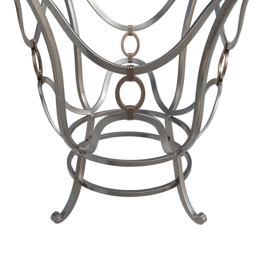 Close up of Hala Entrance Table with Forged Steel Base and Glass Top in