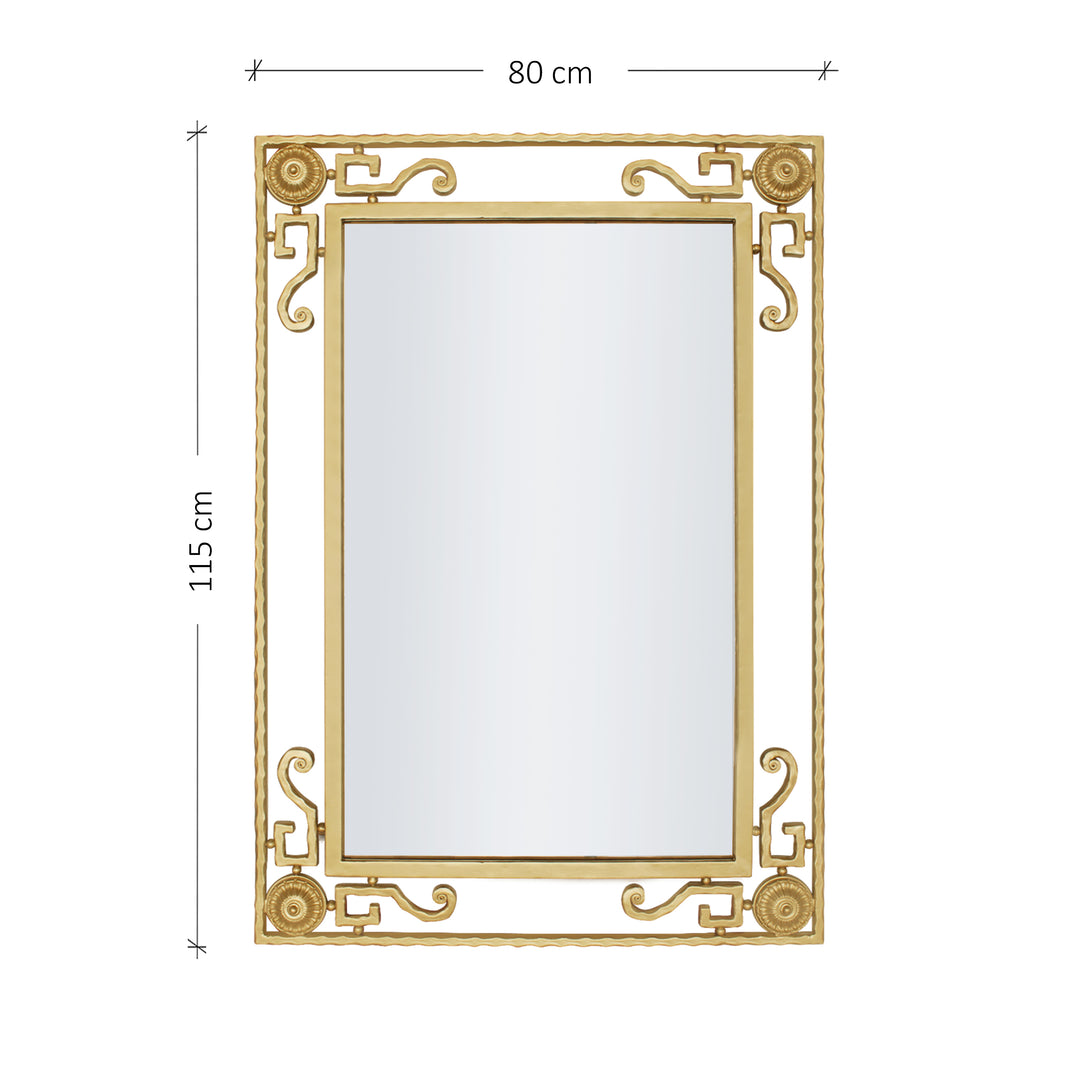 Gold-framed embossed mirror with dimensions on a white background