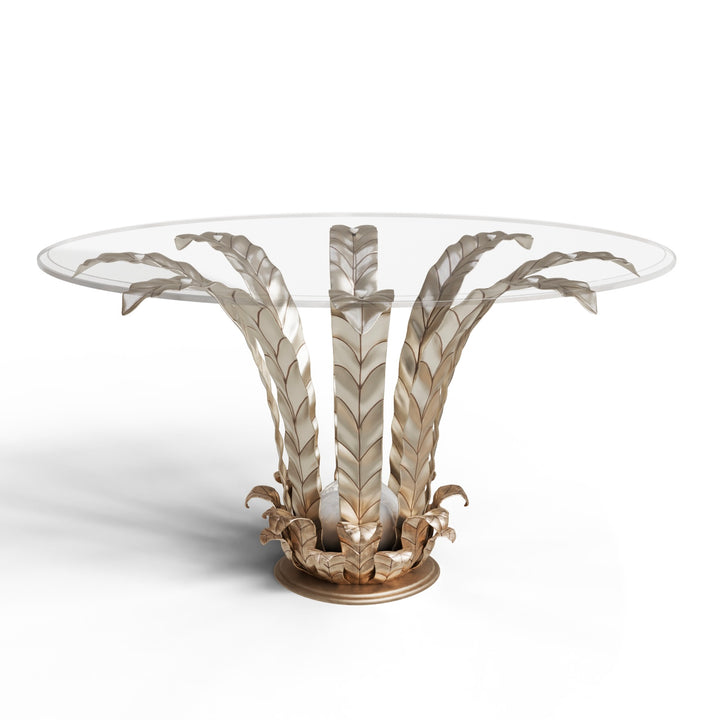 Elegant wrought iron entrance table with leaf detailing and a clear glass top on a white background