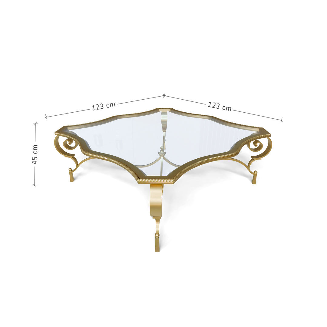 Regina coffee table with scroll base and dimensions 123 x 123 x 45 cm