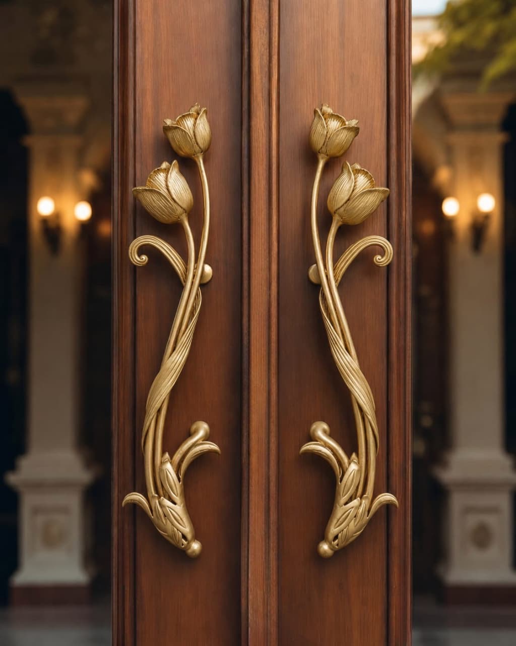 Two ornate gold forged iron door handles with a floral tulip design, mounted on a dark brown wooden door with a softly blurred background.