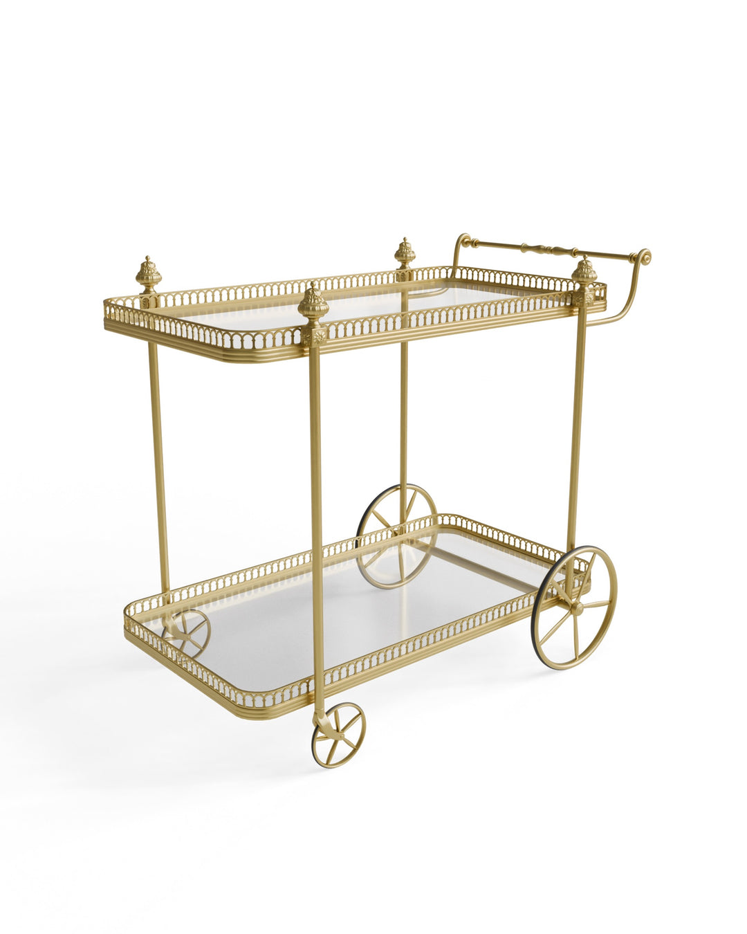 Angled view of the Alicia gold serving trolley highlighting decorative frame and wheels