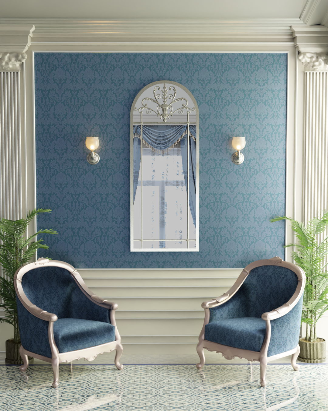Alina mirror with arched top and ornate crown in a neoclassical blue salon