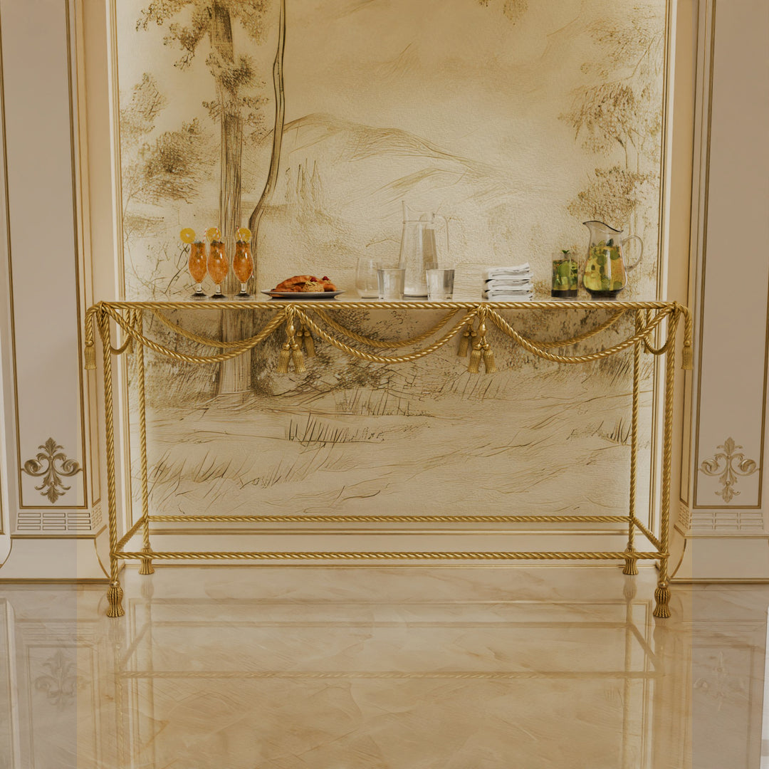 Allegra Gold Console Table styled as a buffet with drinks and snacks in a formal setting.