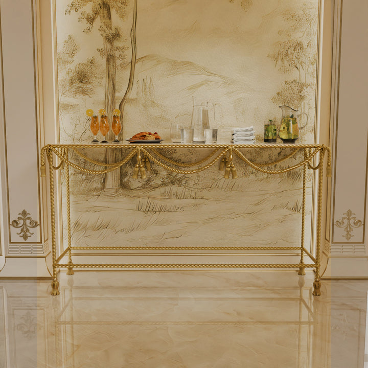 Allegra Gold Console Table styled as a buffet with drinks and snacks in a formal setting.