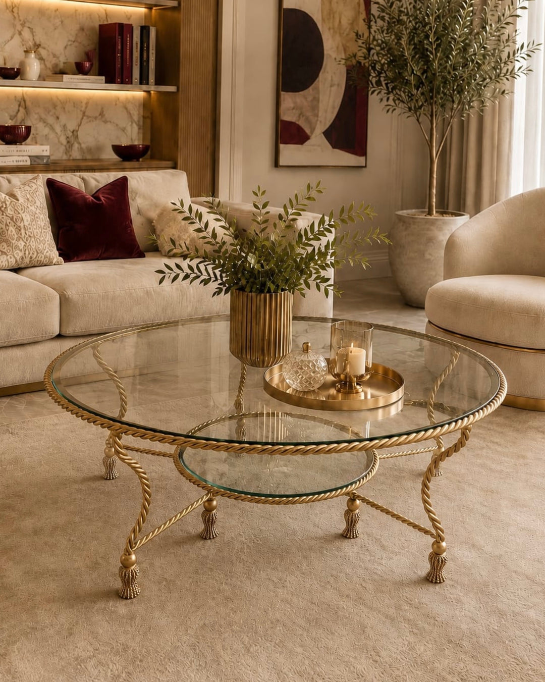 Allegra Center Table in gold finished wrought iron, featuring twisted rope detailing, decorative tassels, and a round glass top with a lower glass shelf.