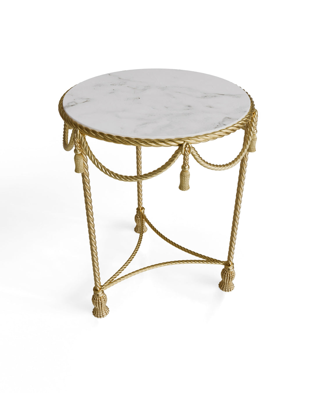 Top view of Allegra round side table in gold with marble top, highlighting the marble surface and decorative details.