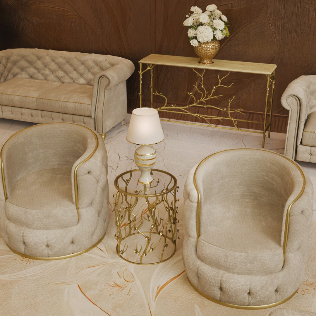 Blossom side table and matching console with white floral arrangement and ambient lighting