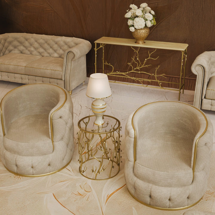 Blossom side table and matching console with white floral arrangement and ambient lighting