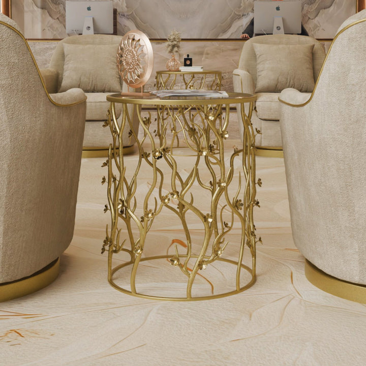 Front view of blossom side table with accessories in a marble reception setting