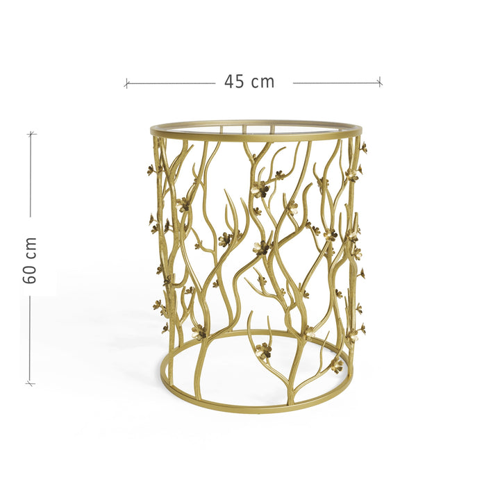Blossom side table with gold floral frame and glass top, dimensions 45x60 cm