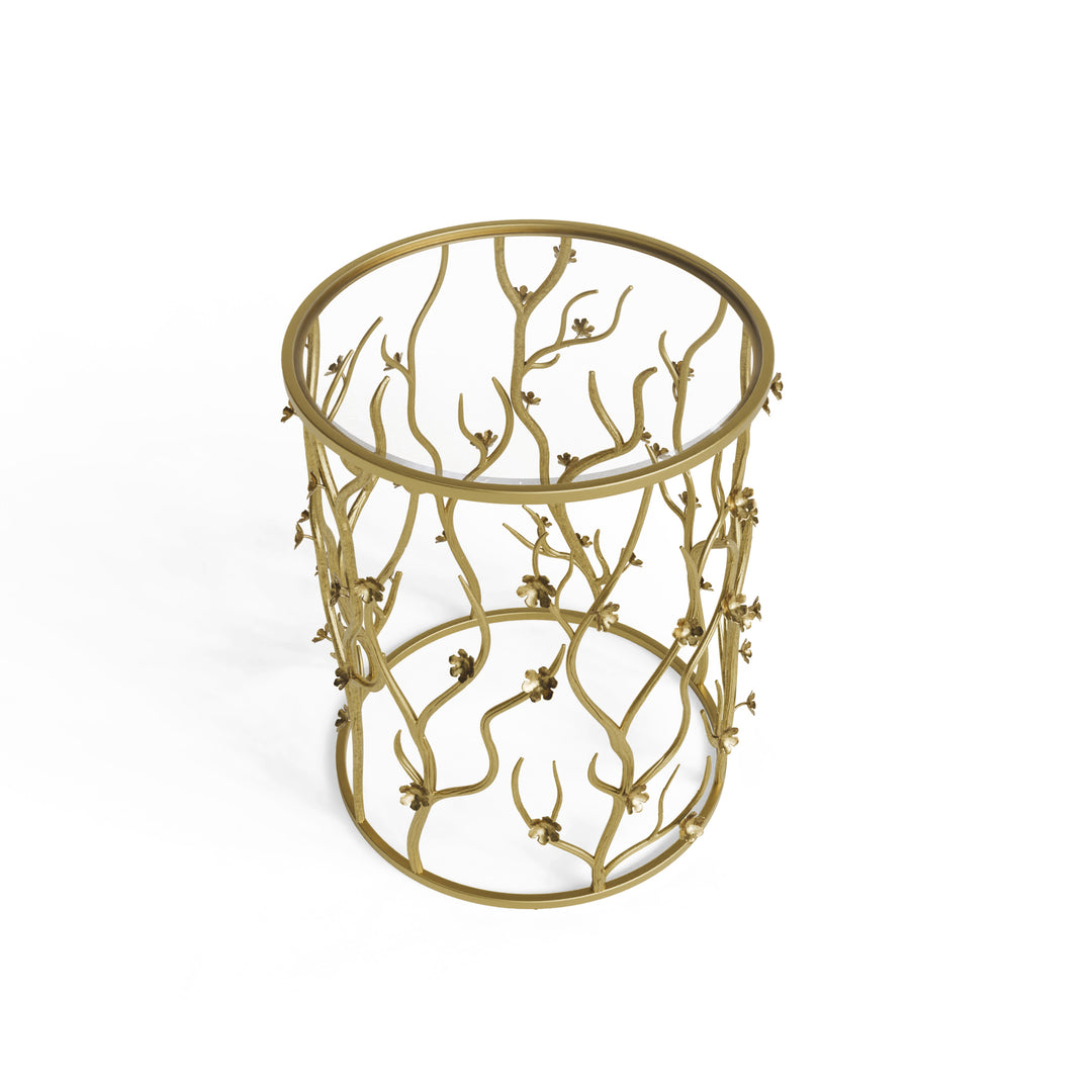 Angled top view of blossom side table showing detailed floral ironwork