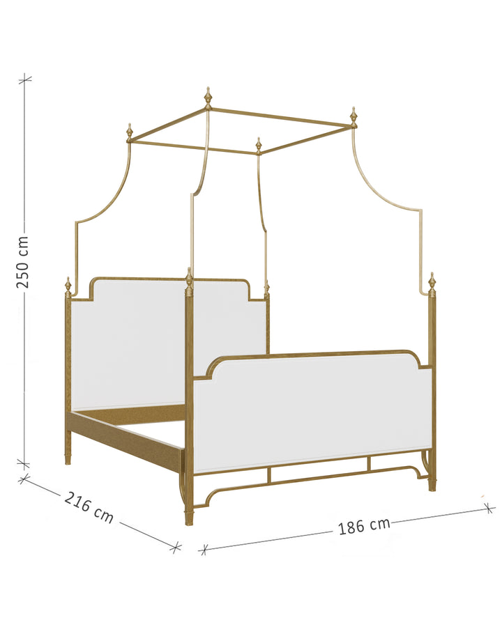 Ella luxury canopy bed dimensions with upholstered panels and elegant metal frame by Choufani