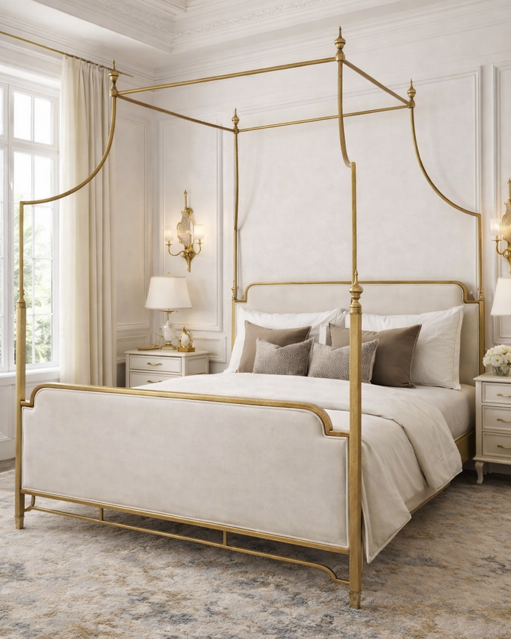 Ella luxury upholstered canopy bed with elegant gold metal frame by Choufani UAE