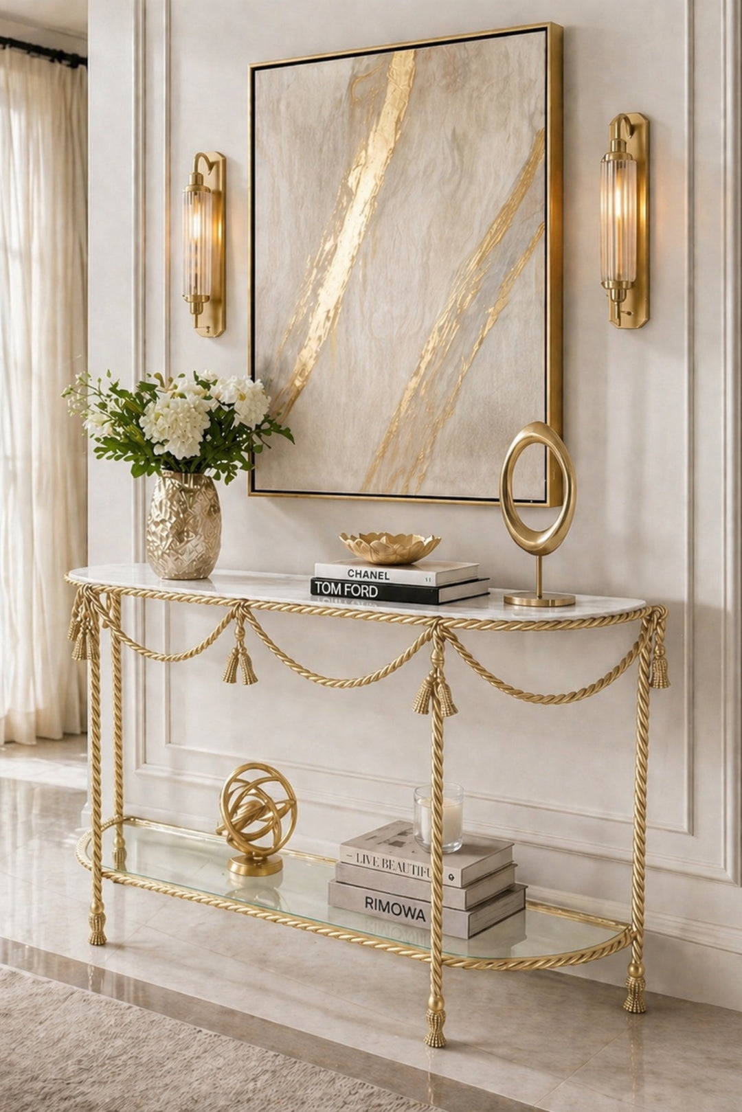 Decorative console table with gold accents in a stylish interior setting.