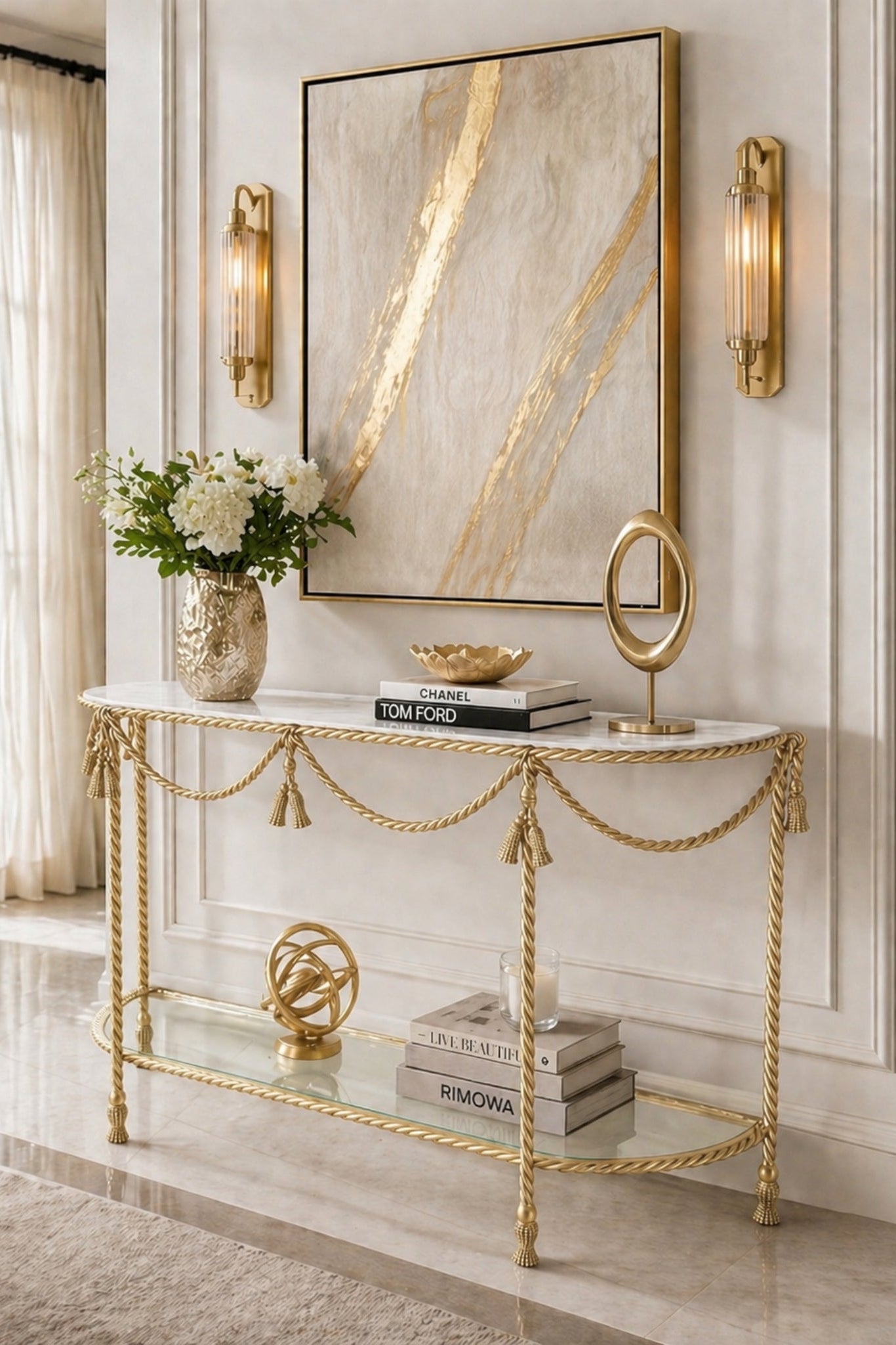 Decorative console table with gold accents in a stylish interior setting.