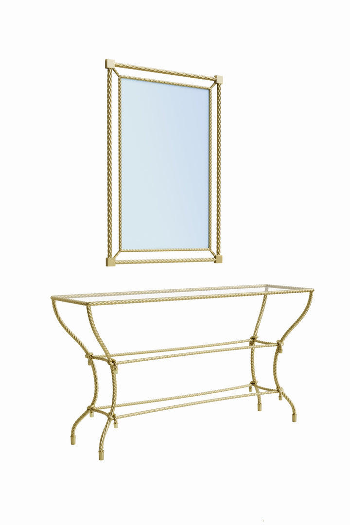 Angled view of the Noura console table and matching mirror, highlighting sculptural rope-inspired legs and metal frame.