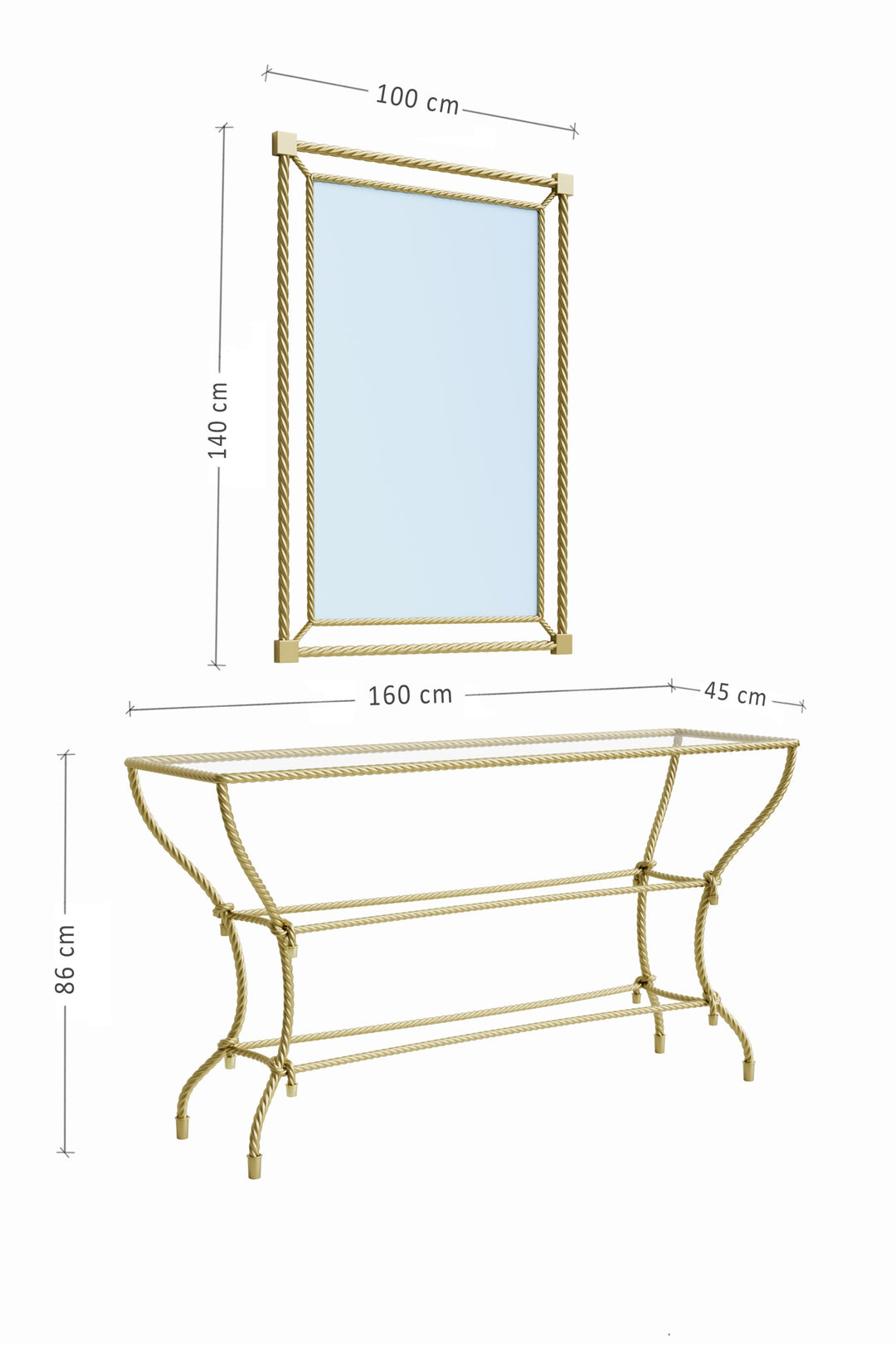 Technical dimensions of the Noura console table and mirror, showing width, depth, and height measurements.