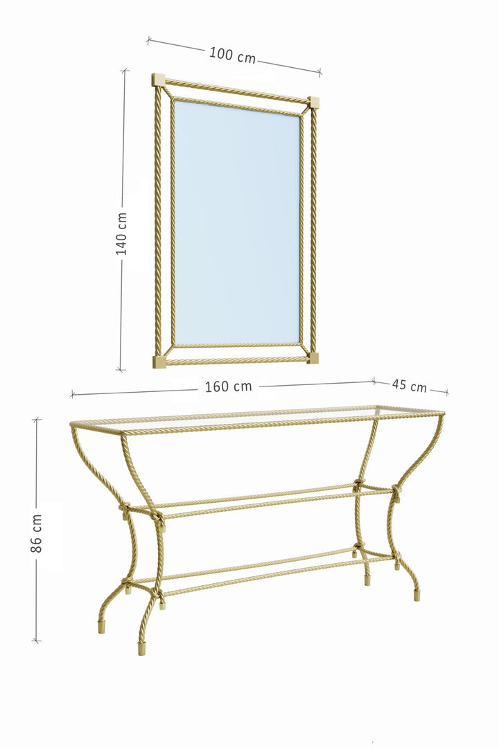 Technical dimensions of the Noura console table and mirror, showing width, depth, and height measurements.
