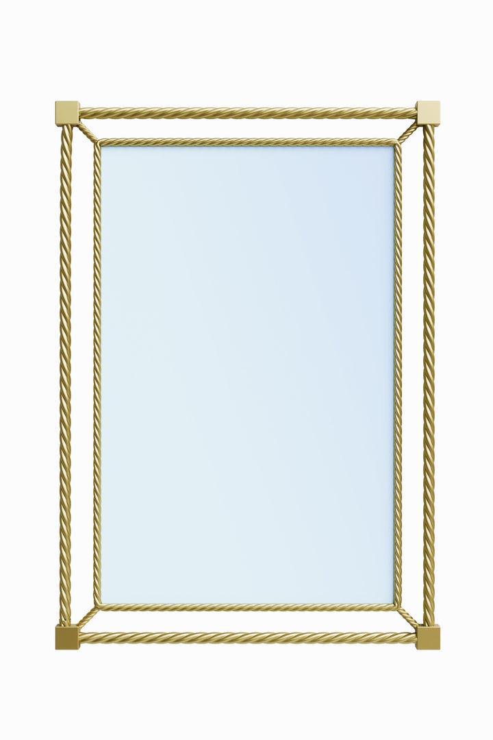 Noura wall mirror in gold finish with rope-inspired metal frame and refined rectangular proportions.
