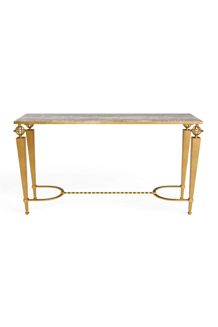 Front view of the Gilbert Console Table highlighting the geometric gold legs, central twisted stretcher, and refined onyx surface.