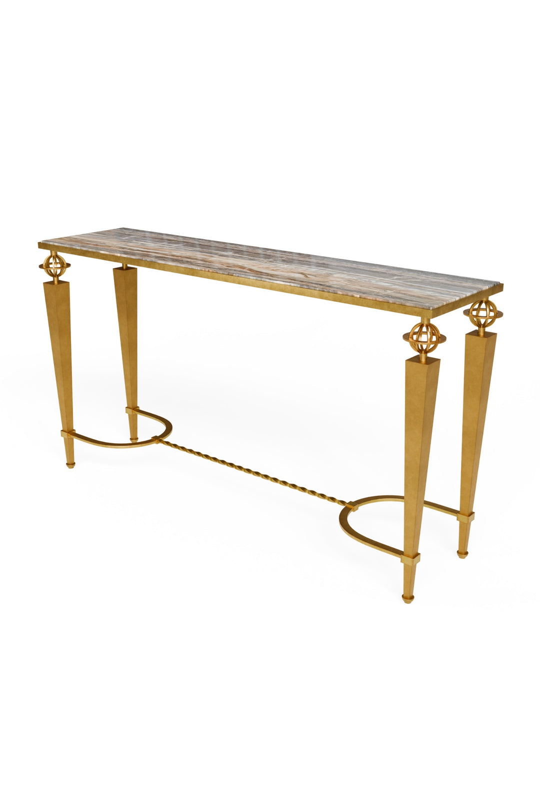 Gilbert Console Table in brushed gold with tapered legs and a blue onyx top, showcasing its sculptural Art Deco silhouette.