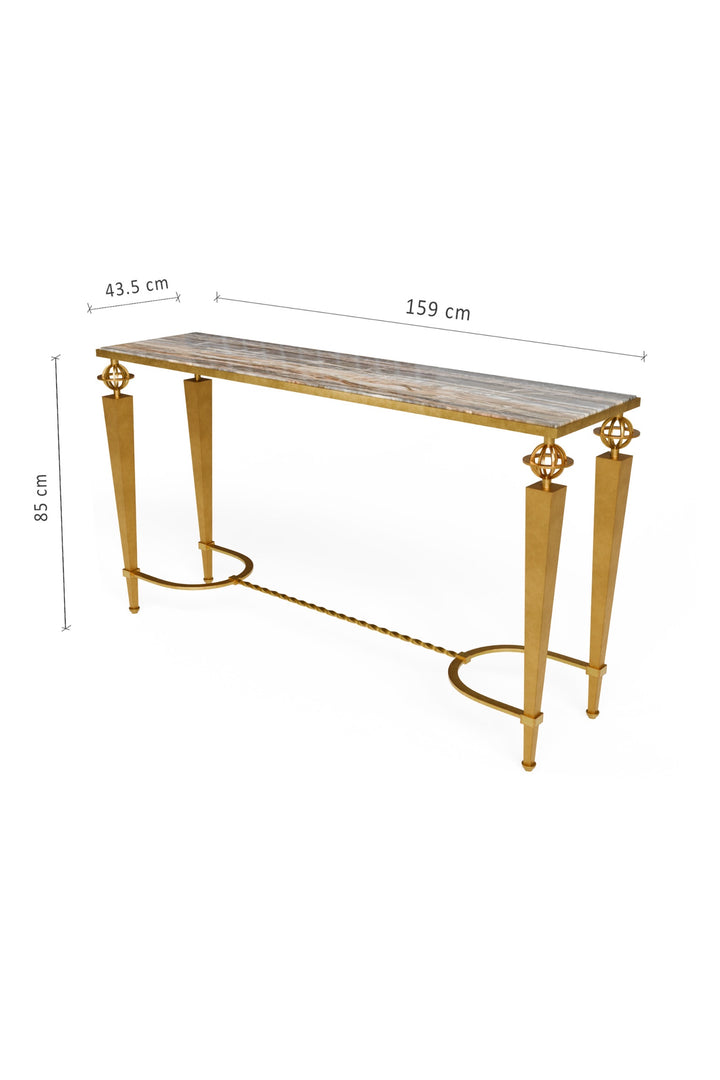 Angled view of the Gilbert Console Table featuring a hand-forged gold base, onyx top, and artisan detailing, shown with full product dimensions.