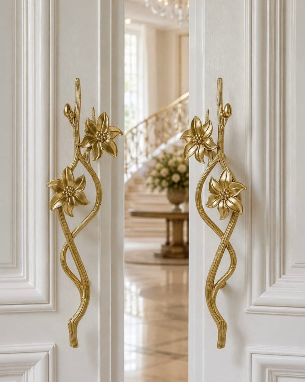 Gold floral door handles mounted on white paneled double doors, with a bright interior staircase visible in the background.