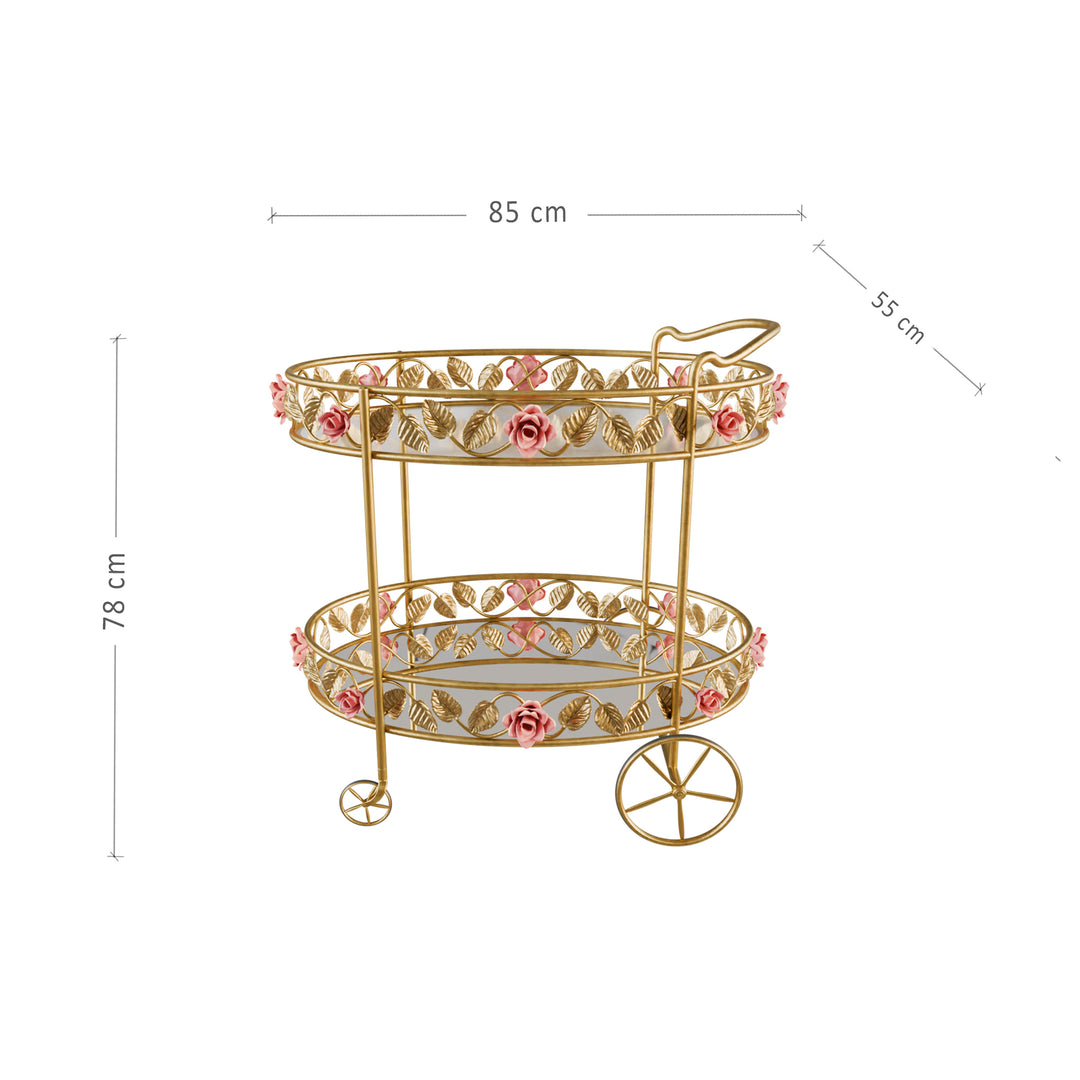 Gold Juliet serving trolley with pink rose detailing, shown with dimensions for size reference