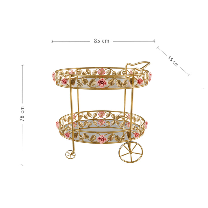 Gold Juliet serving trolley with pink rose detailing, shown with dimensions for size reference