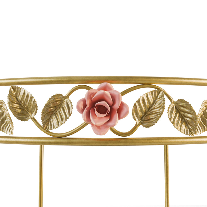 Close-up of hand-forged pink rose and gold leaf detailing on the Juliet serving trolley