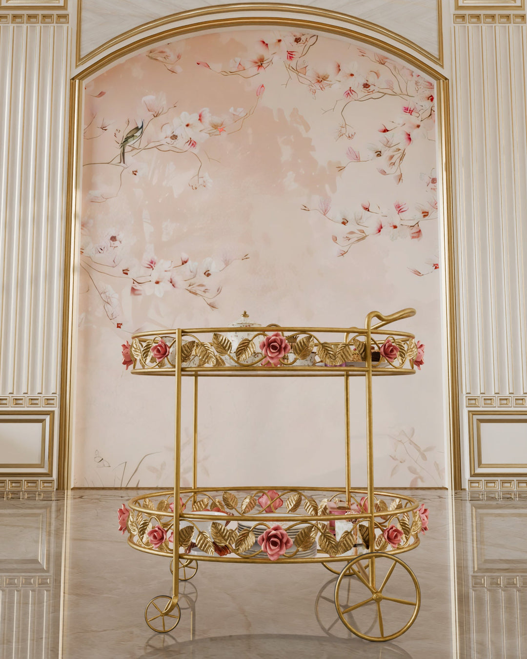 Front view of the Juliet serving trolley in gold, featuring hand-forged pink roses, leaf motifs, with glass and mirror shelves