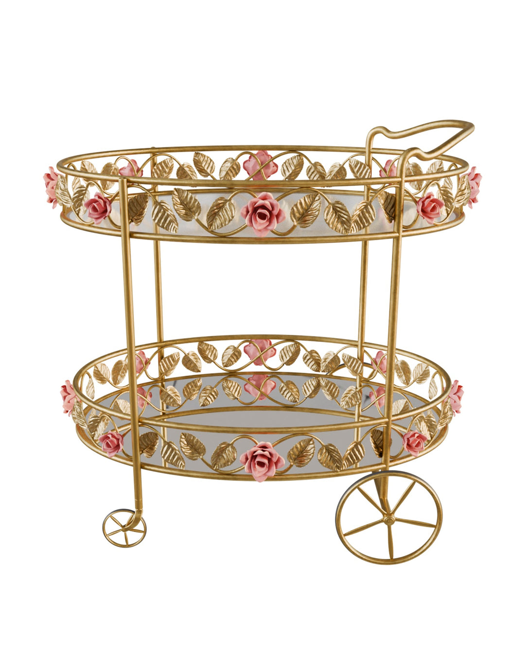 Juliet serving trolley in gold with pink rose and leaf metalwork, shown on a white background