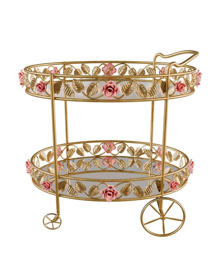 Juliet serving trolley in gold with pink rose and leaf metalwork, shown on a white background