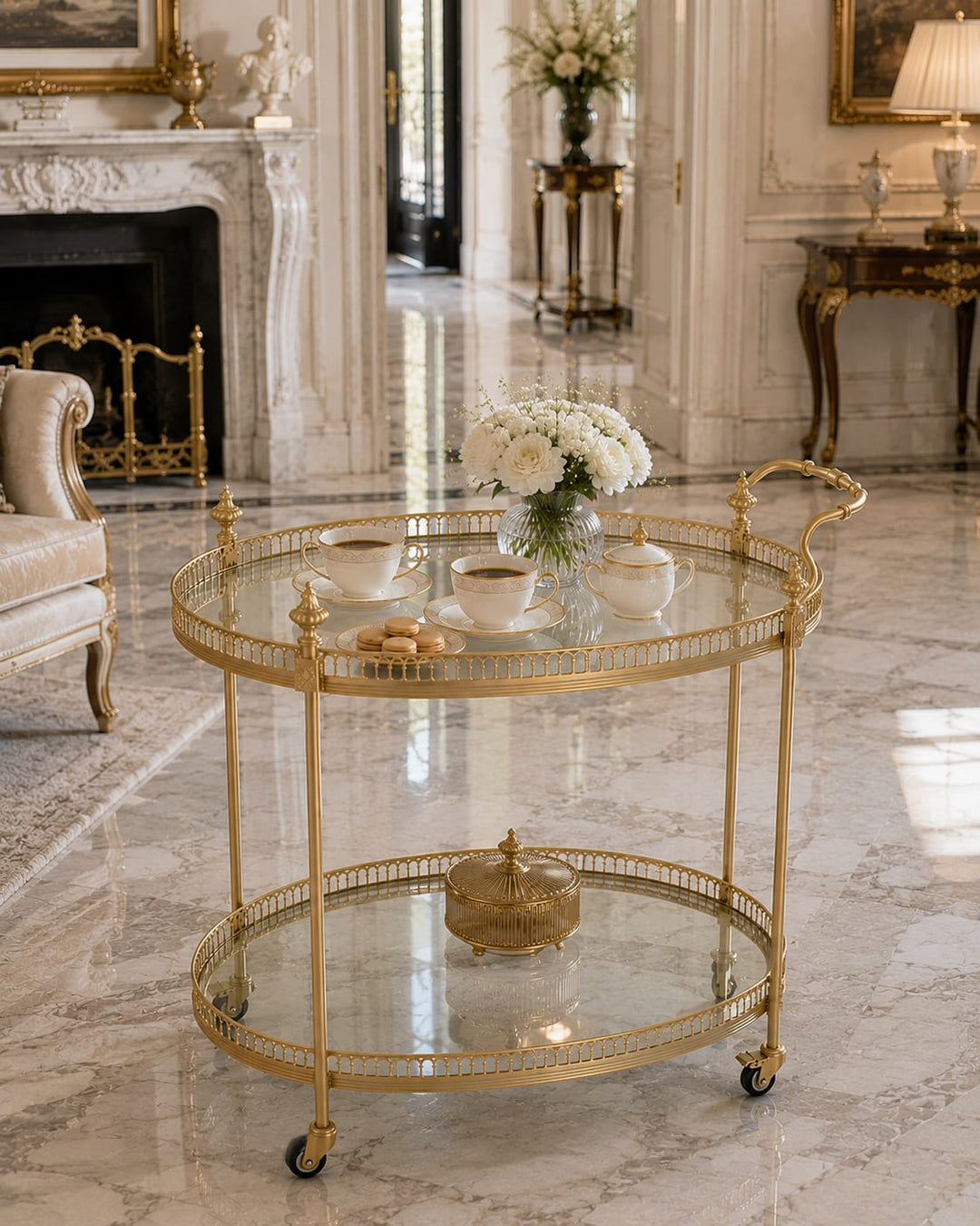 Luxury gold serving trolley with oval glass shelves by Choufani UAE