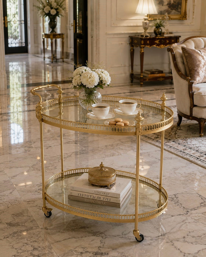 Gold serving cart with decorative items on a marble floor in an elegant room.
