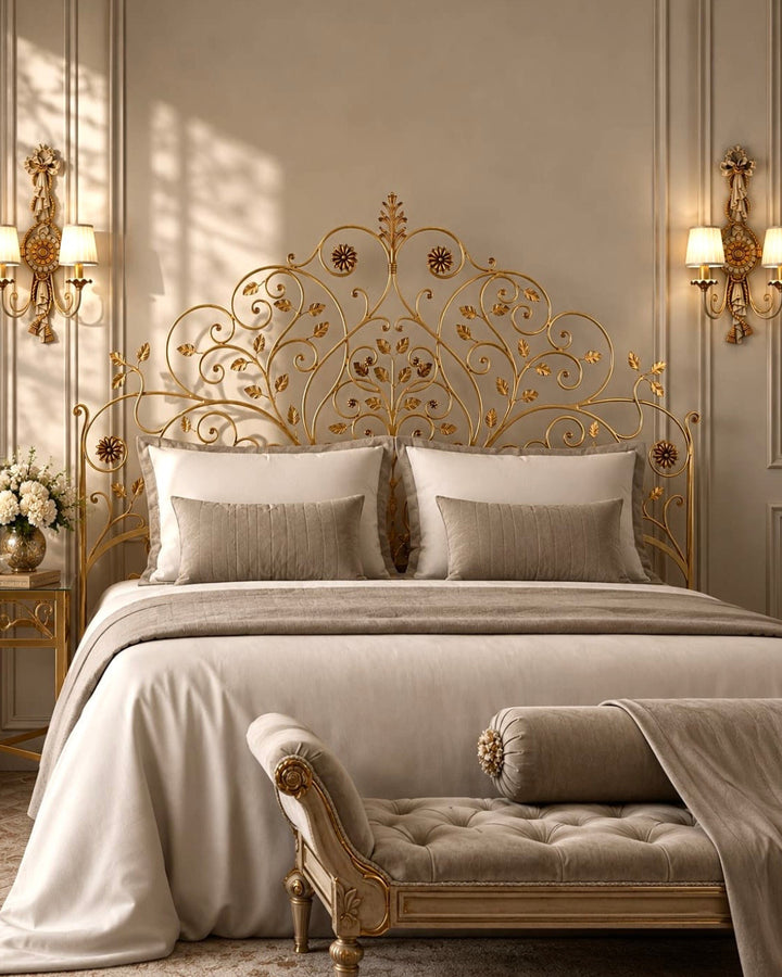 Primavera king size wrought iron bed featuring a handcrafted floral headboard in antique gold finish within an elegant luxury bedroom