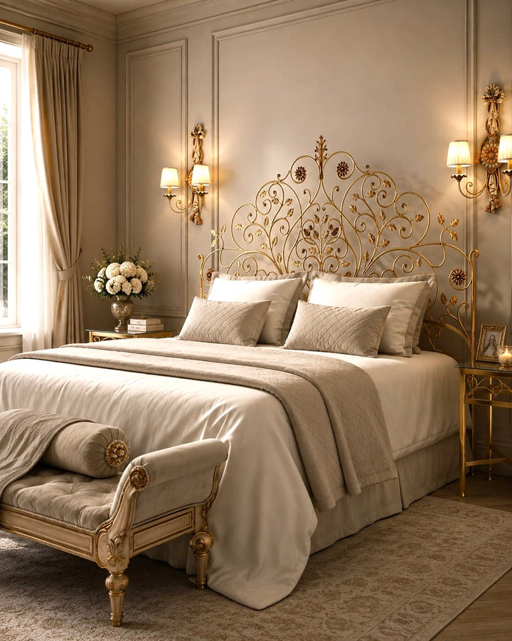 Luxury Primavera wrought iron bed with intricate botanical metalwork headboard and bedding in a refined classical interior