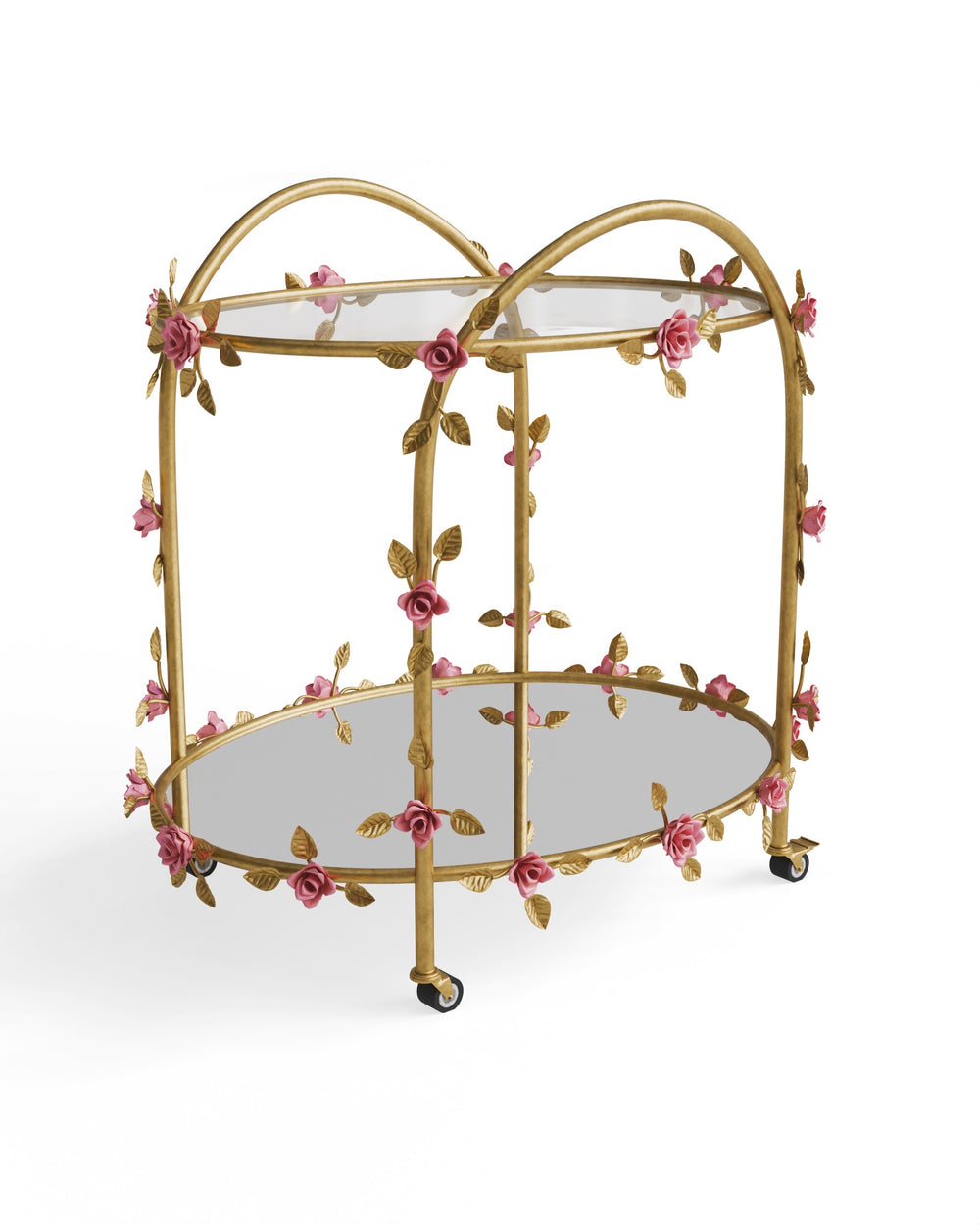Rosetta floral serving trolley with curved gold frame, pink roses, and glass trays on wheels