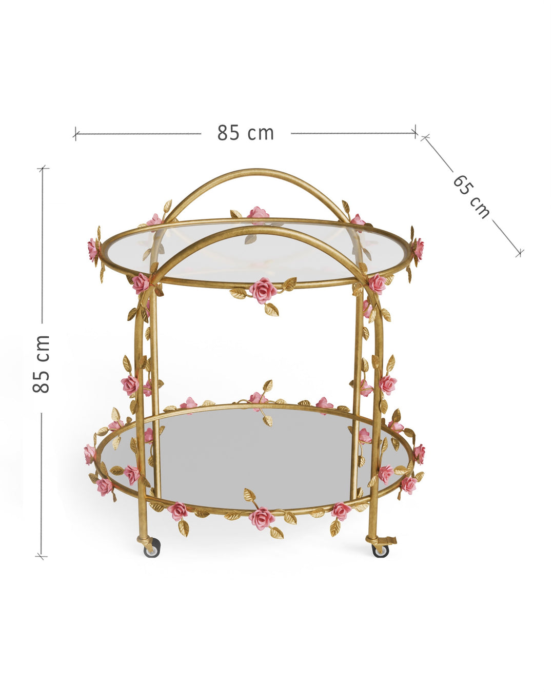 Rosetta rose serving trolley showing dimensions with gold floral metal frame and glass shelves