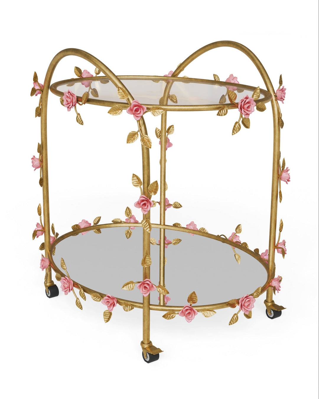 Rosetta bar trolley in gold metal with sculpted roses and two-tier glass and mirror shelves