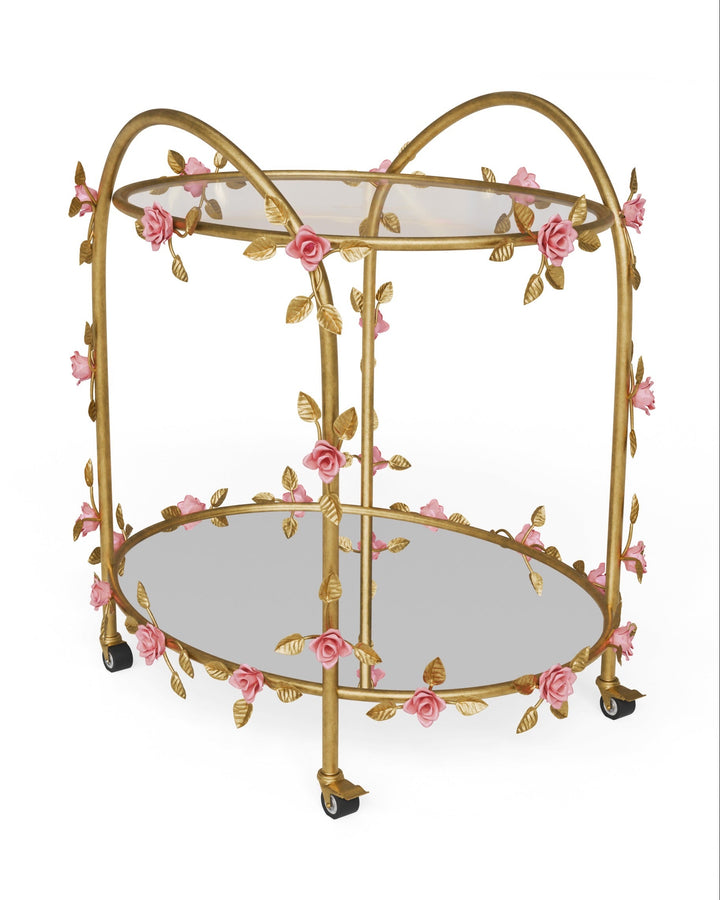 Rosetta bar trolley in gold metal with sculpted roses and two-tier glass and mirror shelves