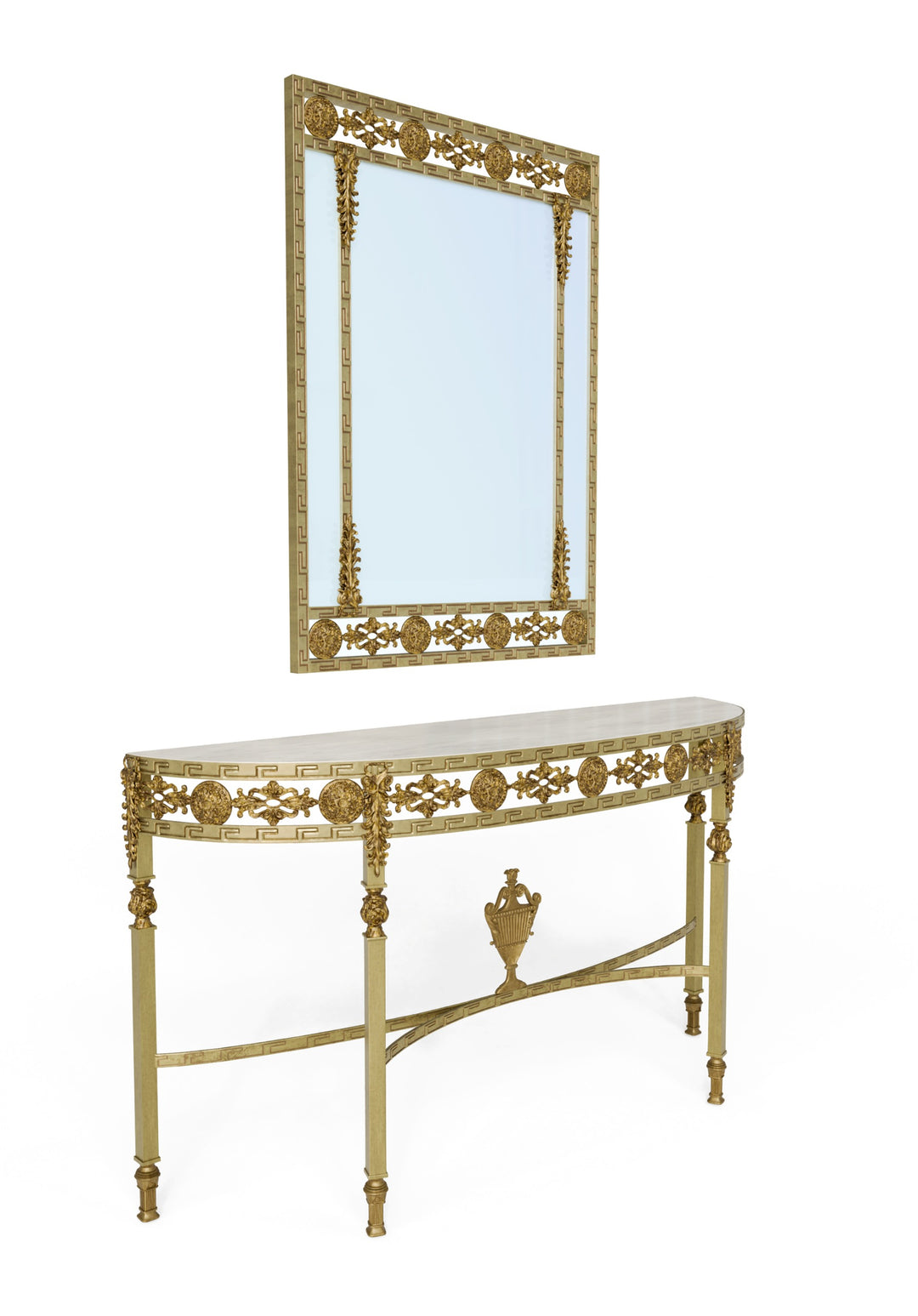 Sylvia console table with matching antique gold mirror, both in forged iron, shown together on a white background.