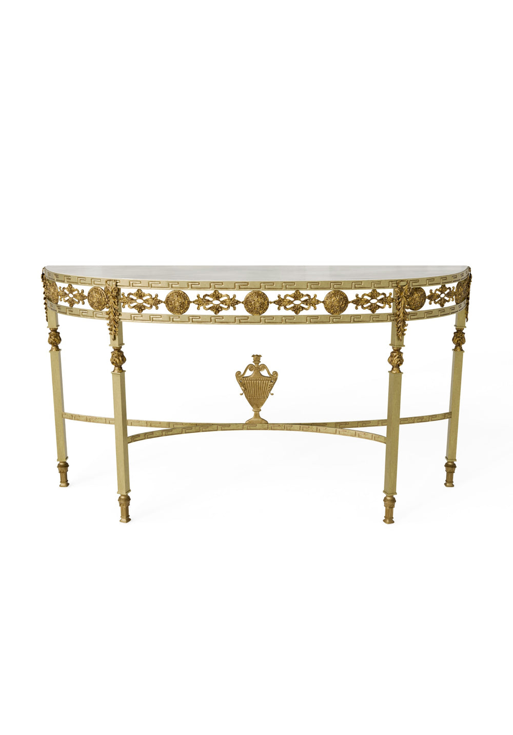 Front view of the Sylvia console table in antique gold forged iron with marble top on a white background.
