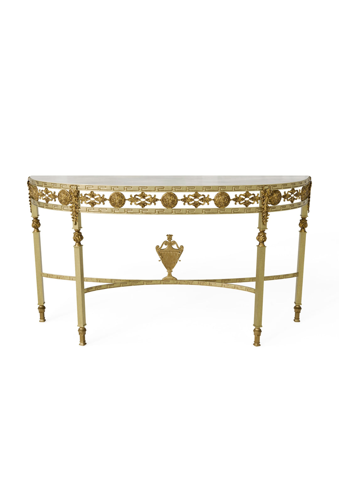 Front view of the Sylvia console table in antique gold forged iron with marble top on a white background.