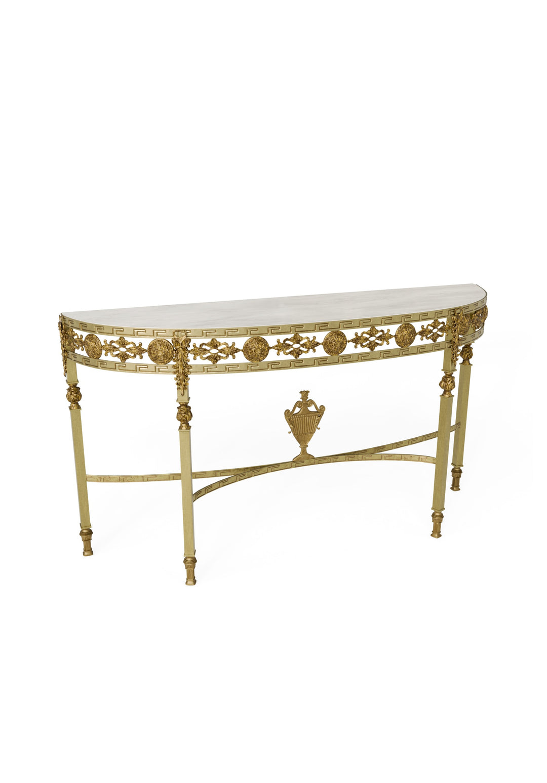 Sylvia console table in antique gold forged iron with marble top, shown in an angled studio view on a white background.