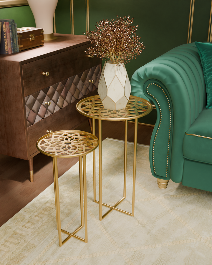 Zara nesting tables styled in a living room next to a green sofa and wooden cabinet