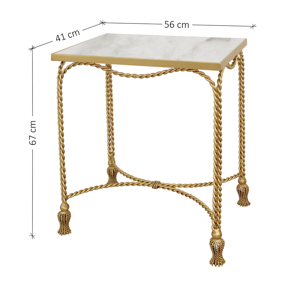 Luxurious end table made of a metal base and a marble top, inspired by twisted rope and curtain tassels