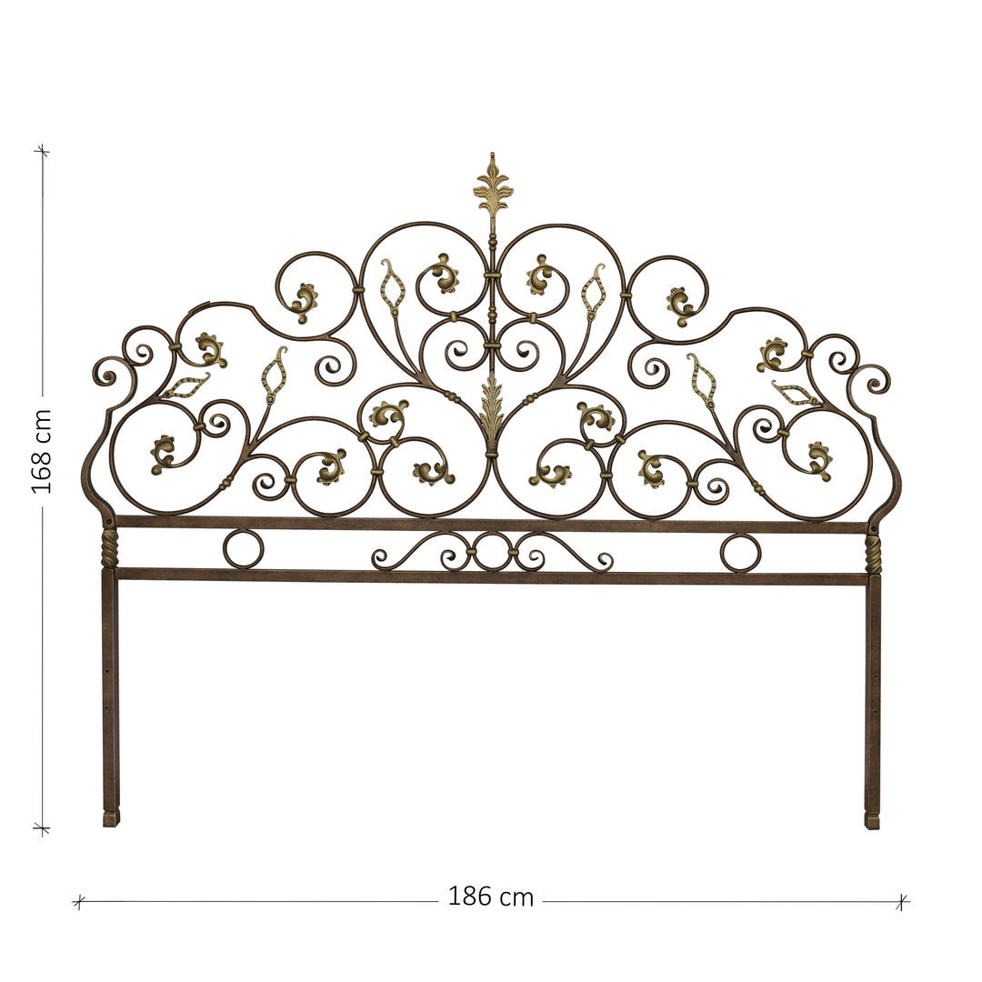 King size classical metal headboard; with scrolls and leaves painted in an antique bronze finish; with annotated dimensions